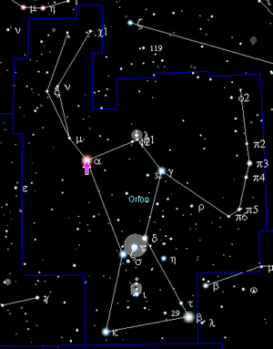 Бетельгейзе   зірка   Положення Бетельгейзе в сузір'ї Оріона   пряме сходження   05ч 55м 10
