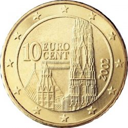 Справа вказаний номінал монети «10 EURO CENT», а також зображені три чергуються смужки (шорстка-гладка-шорстка), що символізують австрійський прапор