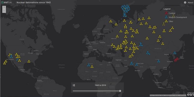 Компанія Esri, яка створює геоінформаційні продукти, створила інтерактивну карту, яка показує всі 2624   ядерних вибухів   , Починаючи з 1945 року